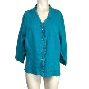 CUT-LOOSE - WOMEN'S XL - BLUE 3/4 SLEEVE BUTTON UP V NECK LINEN TOP SHIRT